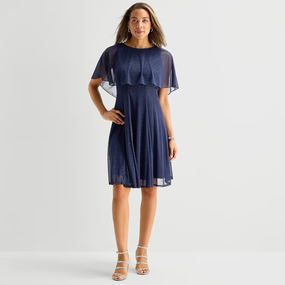 MSRP $100 J Taylor Womens 12 Navy Chiffon Glitter Short Sleeve Dress